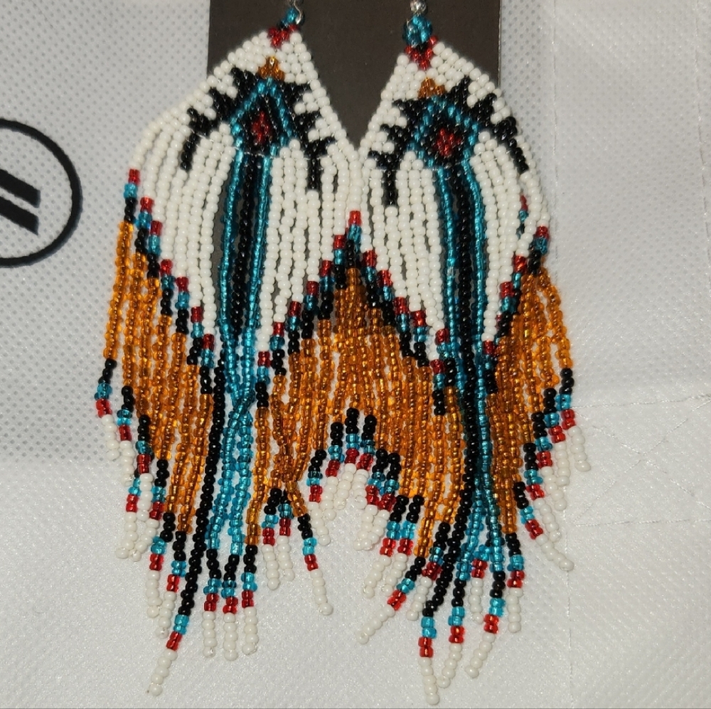Beaded Fringe Earrings in White, Gold, and Teal
